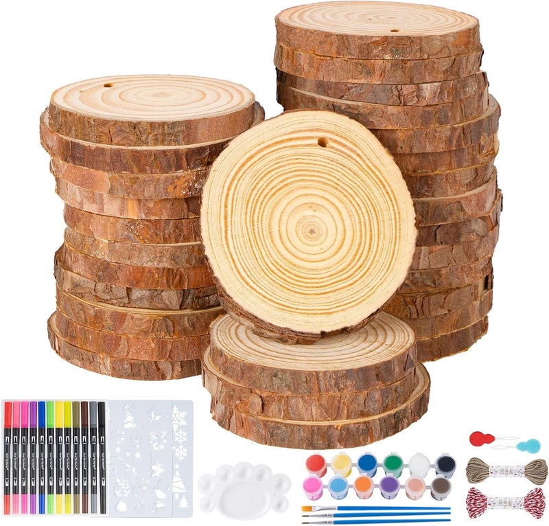 Timburst 2.75"-3.14" Unfinished Wooden Ornaments for Crafts, 50Pcs Wood Slices, Wood Painting Craft Kit Glow-in-the-Dark, DIY Ornaments to Paint for Kids Craft Winter New Year Party Hanging Decoration - Image 1